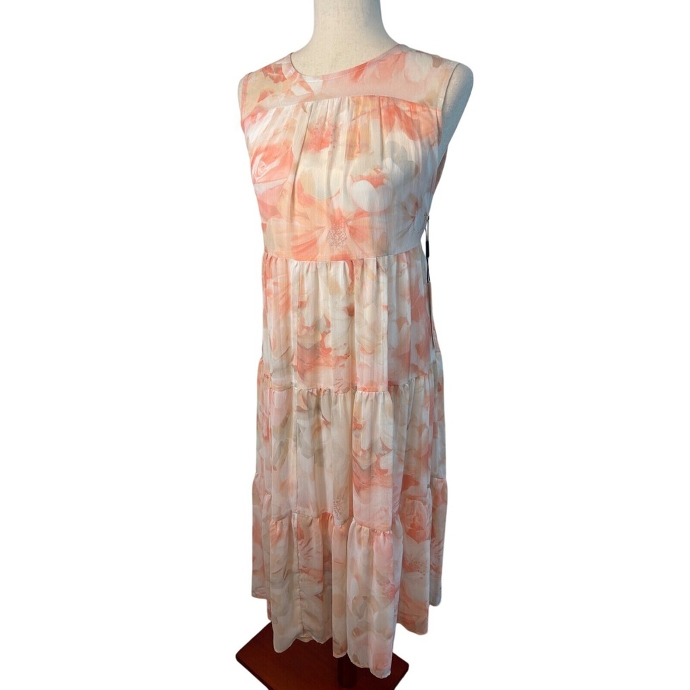NWT Calvin Klein Maxi Dress‎ Women's Size 10 Peach Floral Tiered Sleeveless